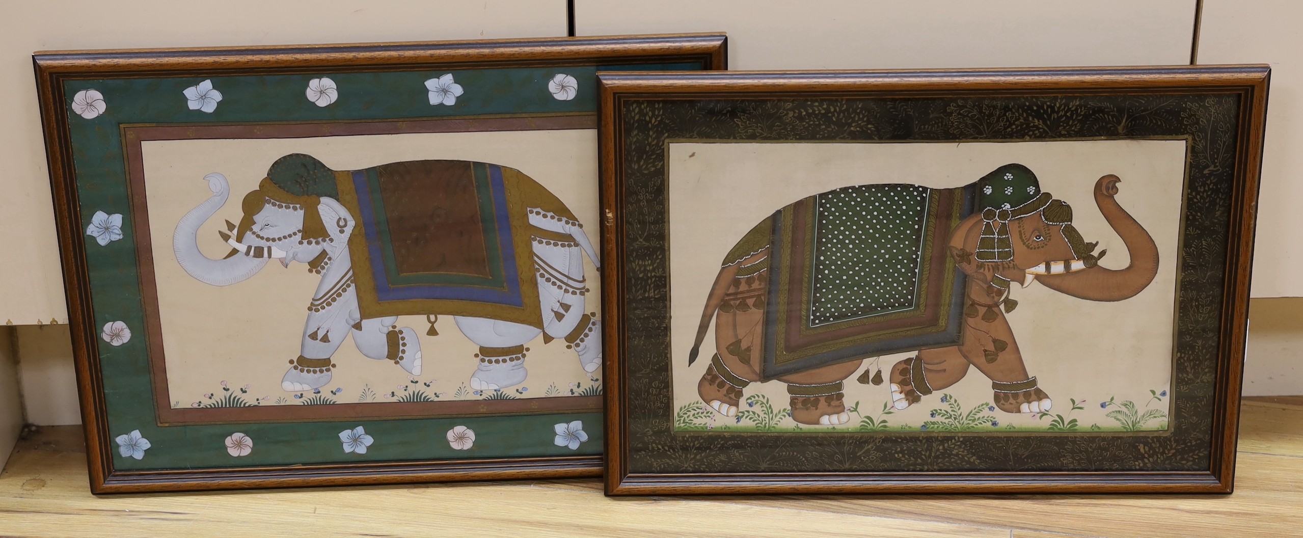 Indian School, two batik paintings, Studies of elephants, largest 35 x 49cm